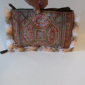 Womens Jade Tribe Olive Green/Multi Design Fringe Trim Clutch